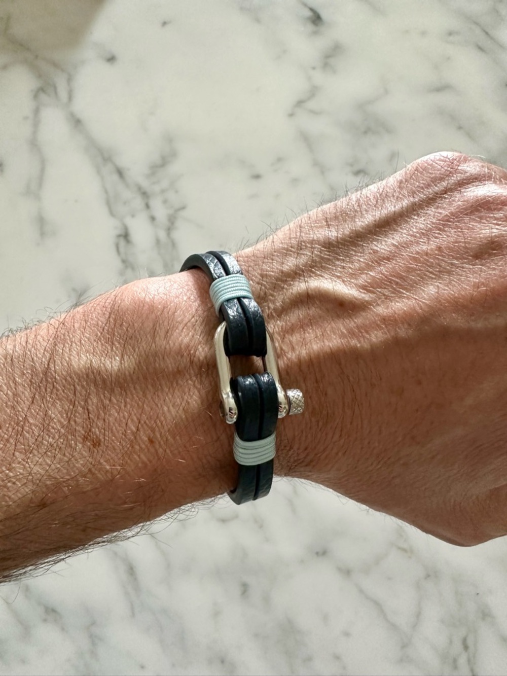 Men's Navy Leather and Silver Bar Bracelet with Light Blue Accents